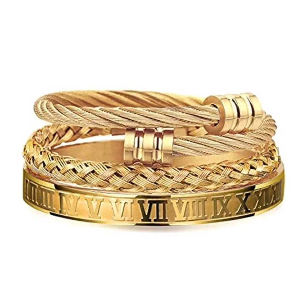Mens Stainless Steel Bracelet 3 Piece Set Adjustable Cuff Bangle